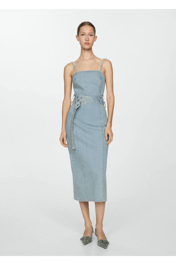Kemerli denim elbise - 2