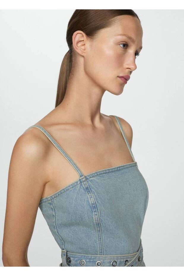 Kemerli denim elbise - 6