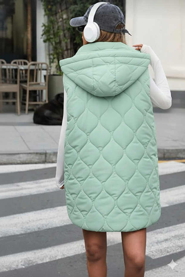 Kapitone Kapşonlu Uzun Yelek - 5