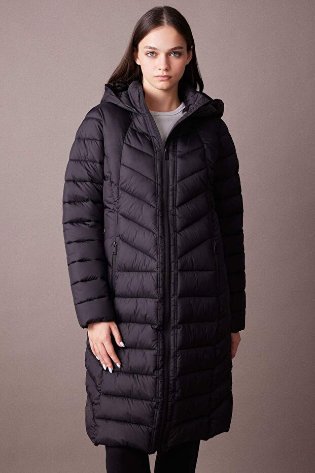 Water Repellent Inflatable Coat Parka Long Hooded Slim Fit Padded Zipper Pocketed