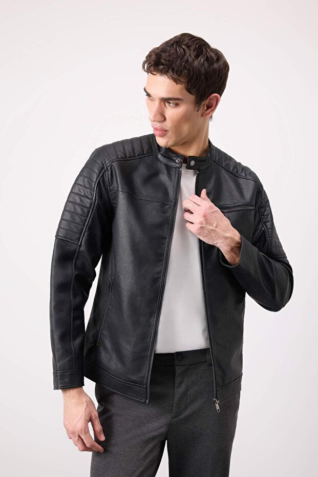 Water Repellent Slim Fit Zip-Up Faux Leather Coat - Stand Collar D6241Ax25Sp