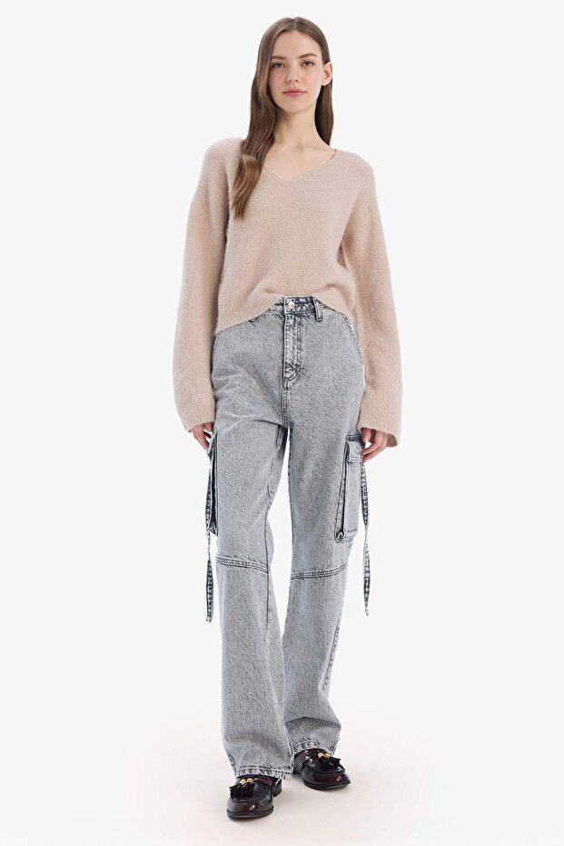 Regular Fit V Yaka Basic Düz Dikişsiz Triko Kazak E9170AX25SP - 5