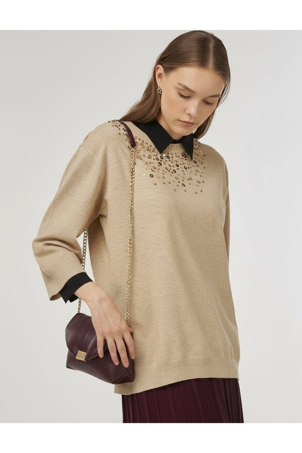 Payet İşlemeli Viskon Triko Tunik Vizon - 1