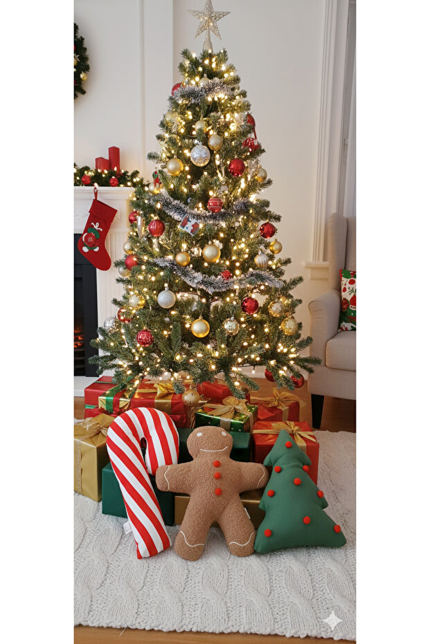 Christmas Decorative Pine Tree - Candy Cane - Cookie Man Set of 3 Throw Pillow / Christmas Ornament