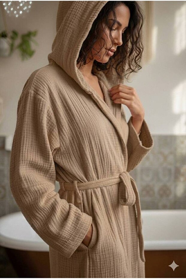 100% Cotton Hooded 4-Layer Muslin Bathrobe for Women I Soft I Lightweight I Quick-Drying Fabric