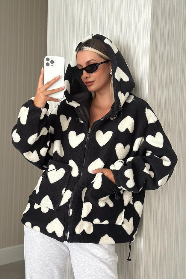 Woman's black and white Hooded plush coat