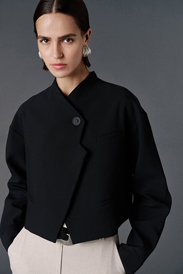 Diagonal crop blazer ceket - 3