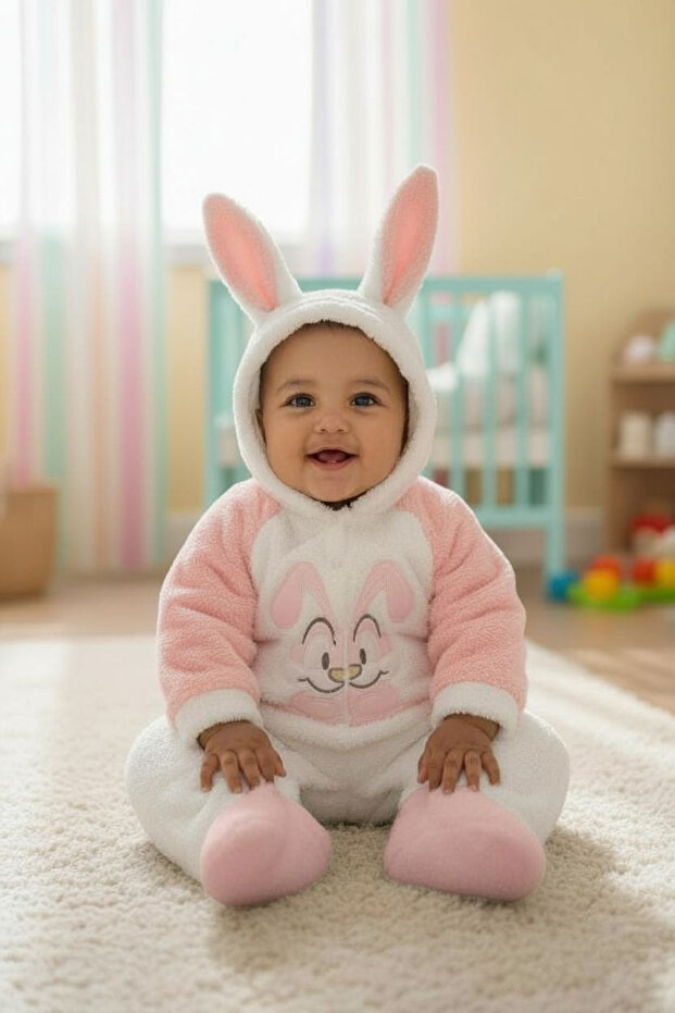 Winter Baby Romper with Rabbit Design, Welsoft Puff Fabric, Rabbit Embroidery, Snap Fasteners, 6-9 Months