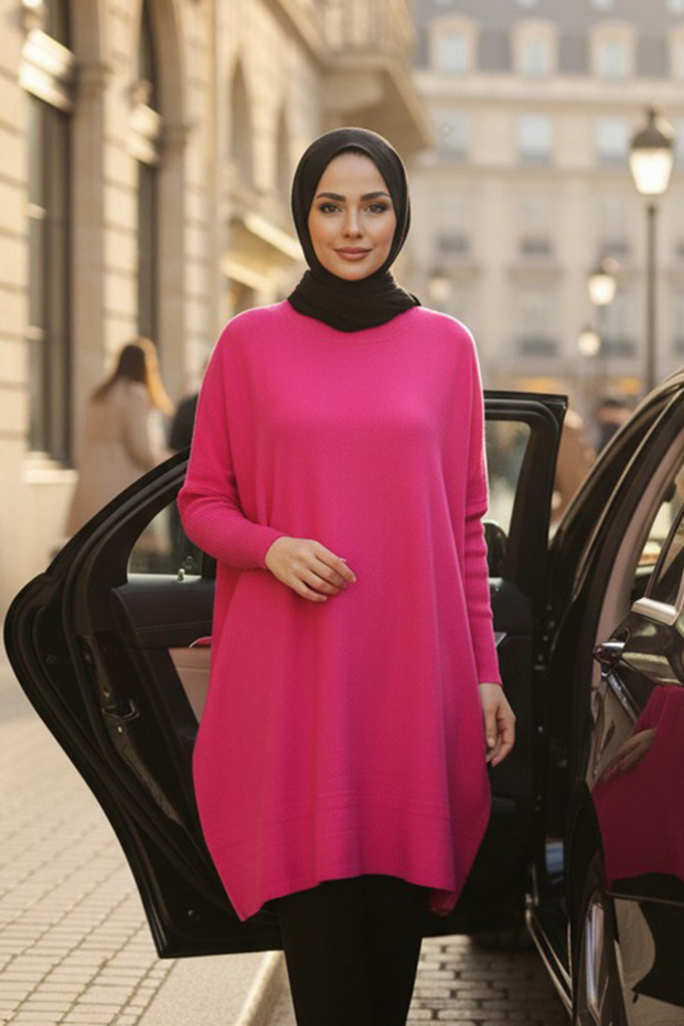 Fuchsia Hijab Knitwear Poncho 3399F