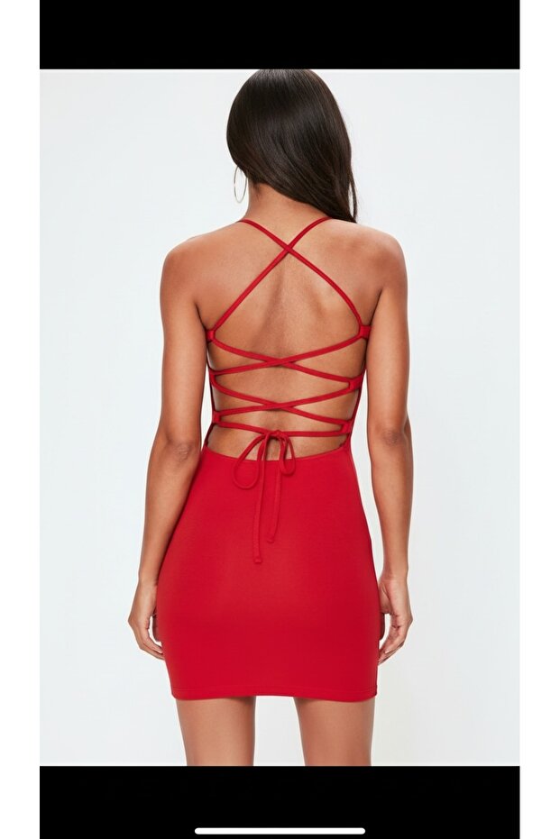 Sırt Dekolteli Mini Örme Elbise - 3