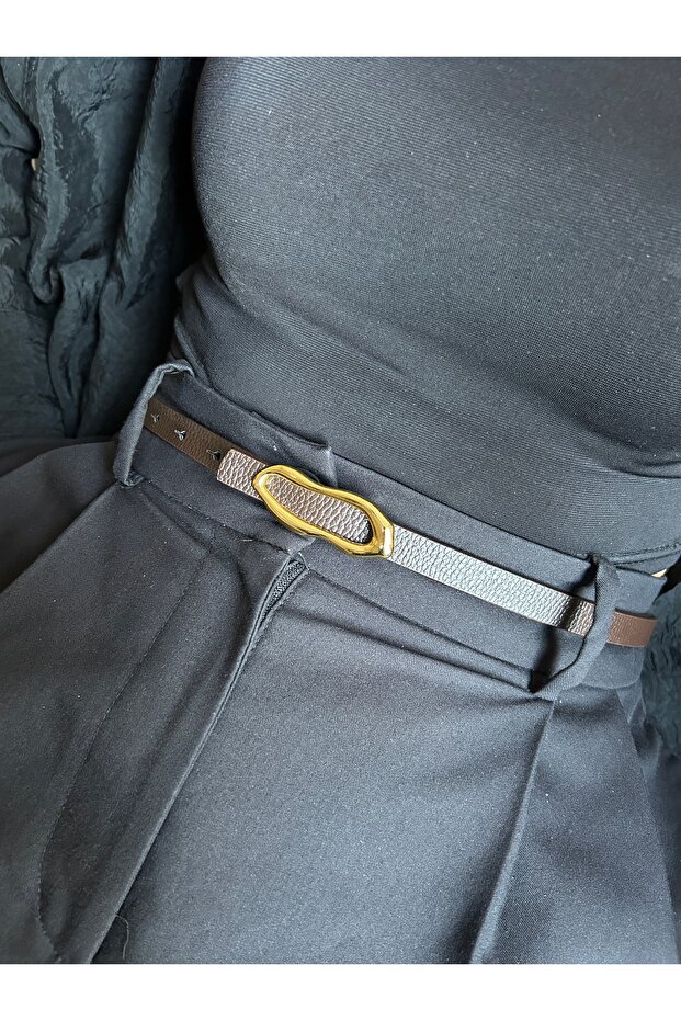 Laud Long Wave Patterned Women's Gold Buckle Belt Jacket Belt Dress Belt Trouser Belt