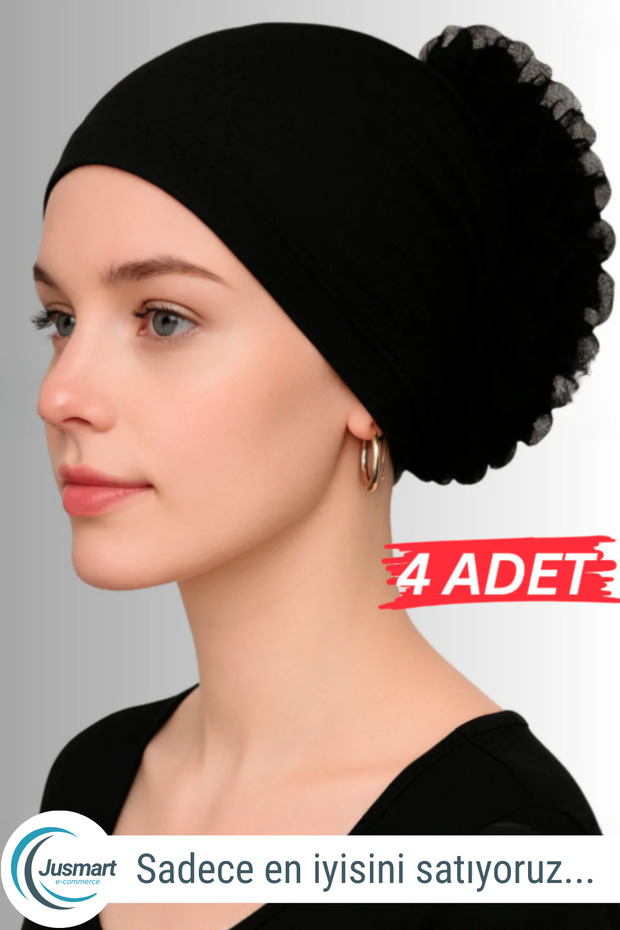 4 Pieces Black ◇ Cotton Ruffle Bonnet ◇ Silicone Non-Slip Seamless Bun Cap ◇ Daily Hijab
