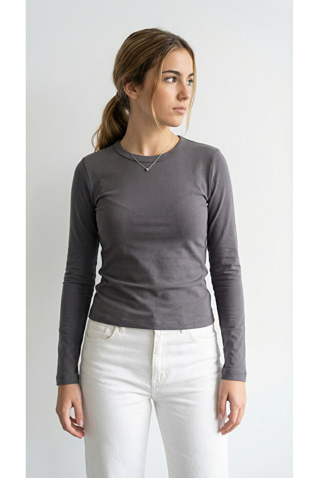 Women's Stretchy Fabric Fitted Slim Fit Long Sleeve Anthracite T-Shirt