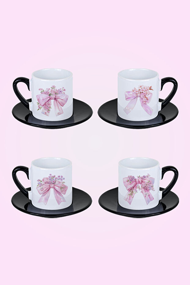 Bow and Flowers Printed Red Set of 4 Porcelain Turkish Coffee Cups