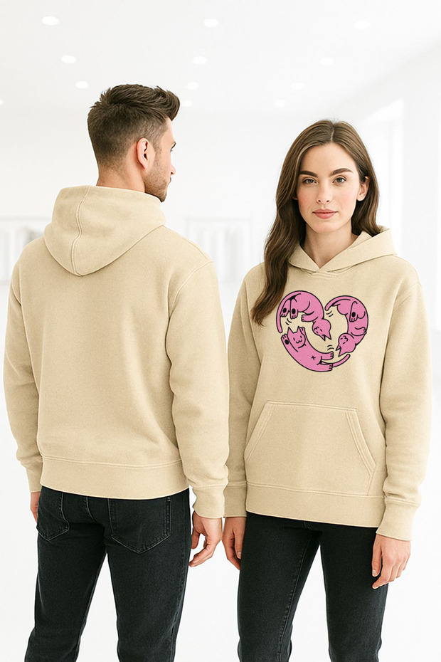 Unisex Long Sleeve Heart Cats Transfer Printed Hooded Sweatshirt