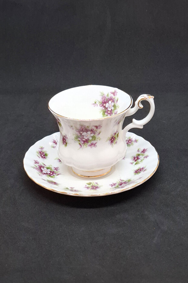 Sweet Violets Bone China Antique Double Size Porcelain Coffee Cup and Saucer 2 Pieces 120 ml