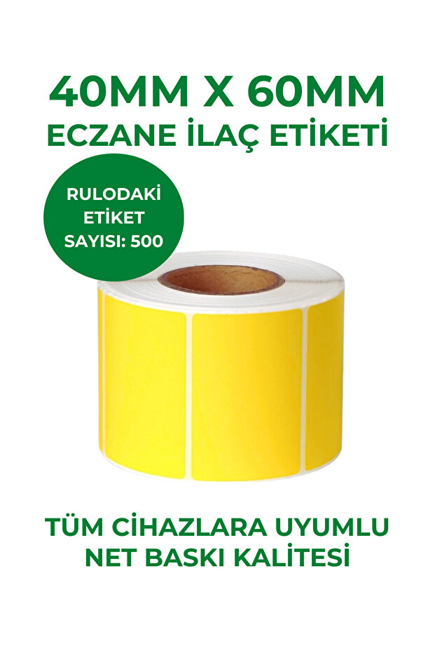 RULORULO 40x60 Eczane Ilaç Etiketi Sarı Renk 1 Rulo 500 Etiket