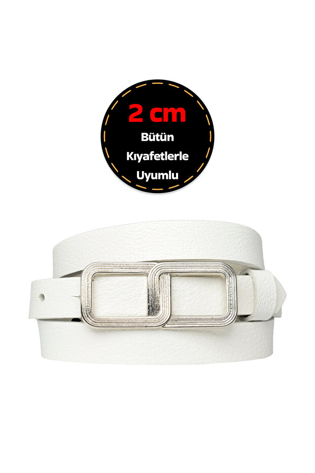 100% Genuine Leather, Thin 2 cm Milk White Women's Belt with Silver Buckle; Dress Belt, Trouser Belt_Gözl