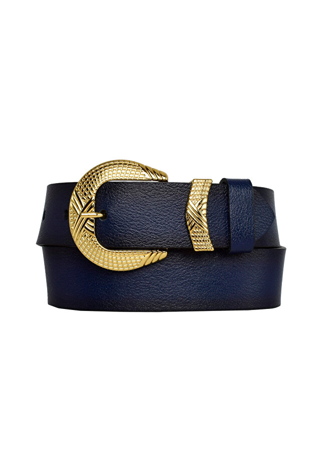 100% Genuine Leather, Gold Set Buckle 4 Cm Navy Blue Women's Belt; Jeans, Sports Belt=an-byn-63.gold.set