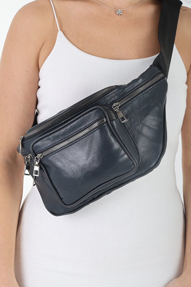 Unisex Navy Blue Multi-Pocket Genuine Leather Freebag Waist Bag
