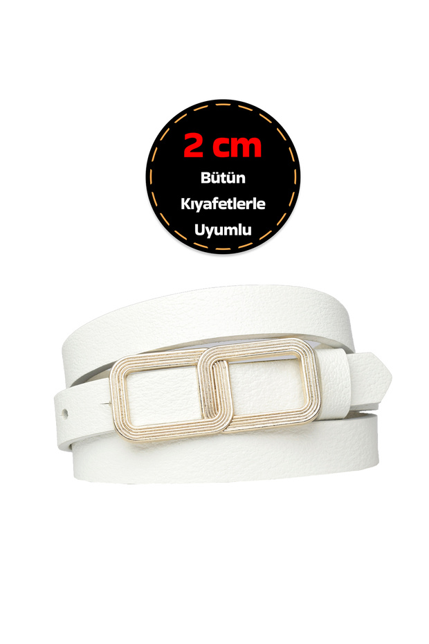100% Genuine Leather, Thin 2 cm Milk White Women's Belt with Gold Color Buckle; Dress, Trouser Belt_Glasses