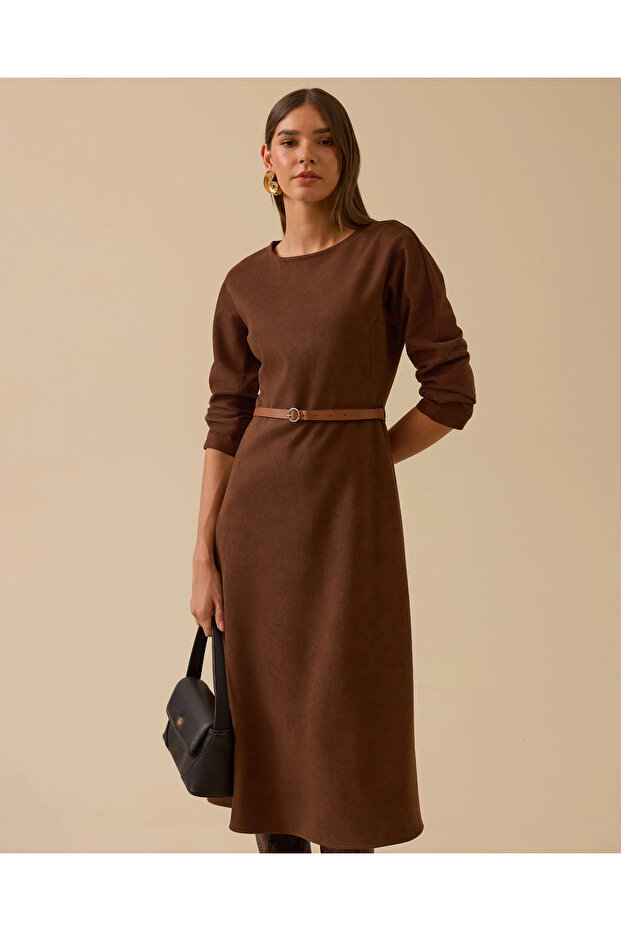 Kemerli Süet Elbise - 2