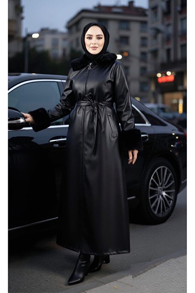 Women's Black Leather Coat with Zipper, Belt, and Furry Collar, Lined