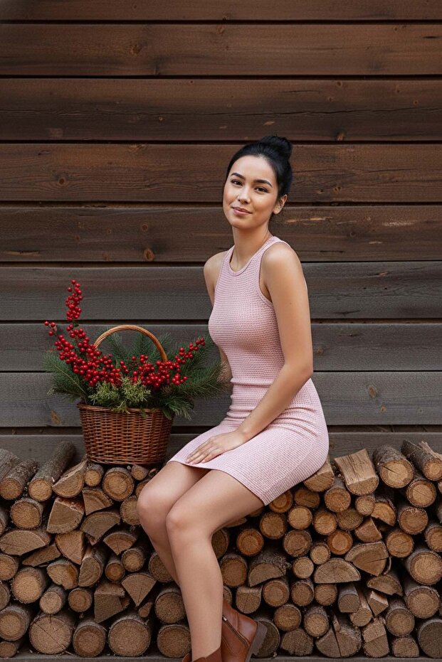 Vücuda Oturan Diz Üstü Mini Örme Elbise - 3