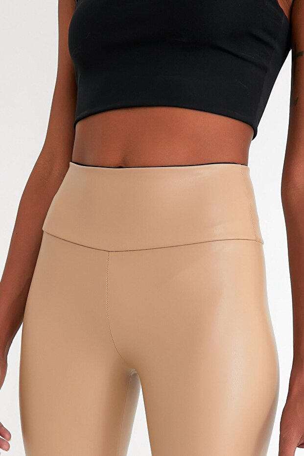 Women's Beige Color Raised High Waist Leather Leggings