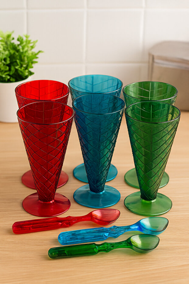 Colorful Ice Cream Serving Set: 6 Plastic Cups with 3 Scoops