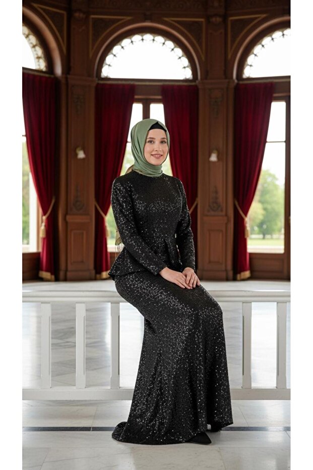 Kadın Tesettür Peplumlu Pullu Payet Abiye Elbise - 4