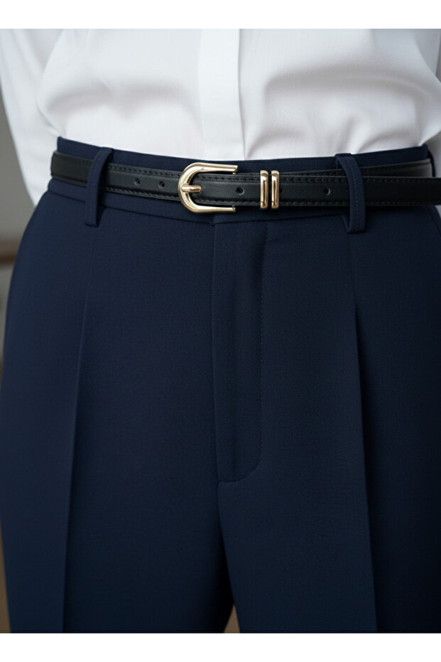 Elegant Stitched Leather Belt with Gold Buckle