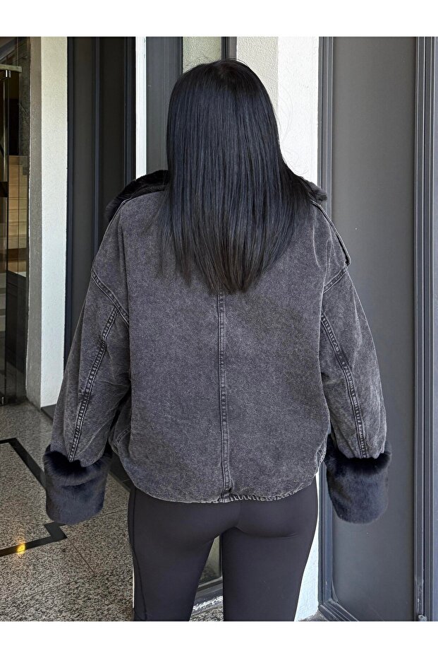 Kadın Kürklü Denim Kadın Mont - 3