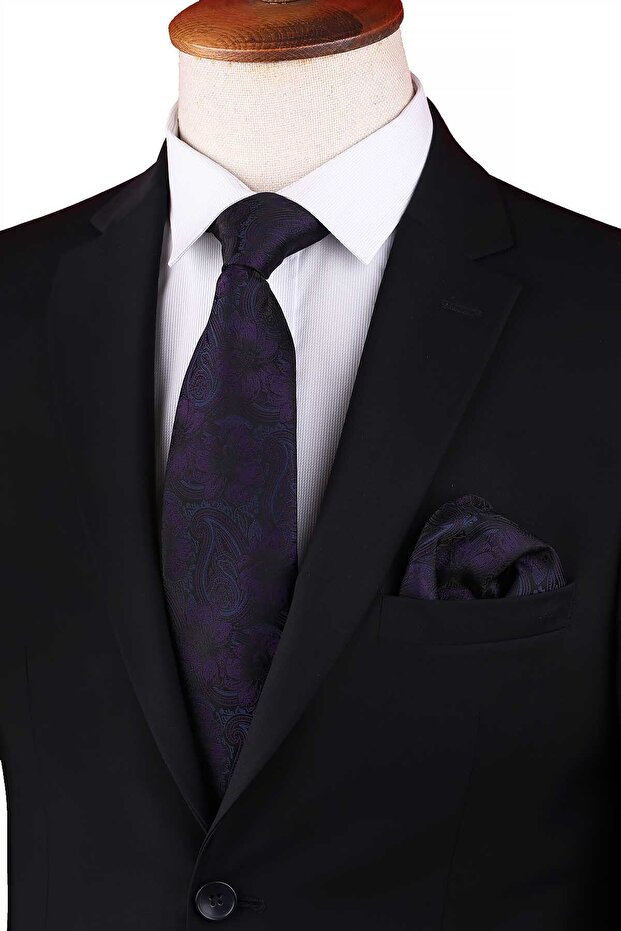 Black - Classic Tie with Plum Blossom Pattern Handkerchief Kk12948