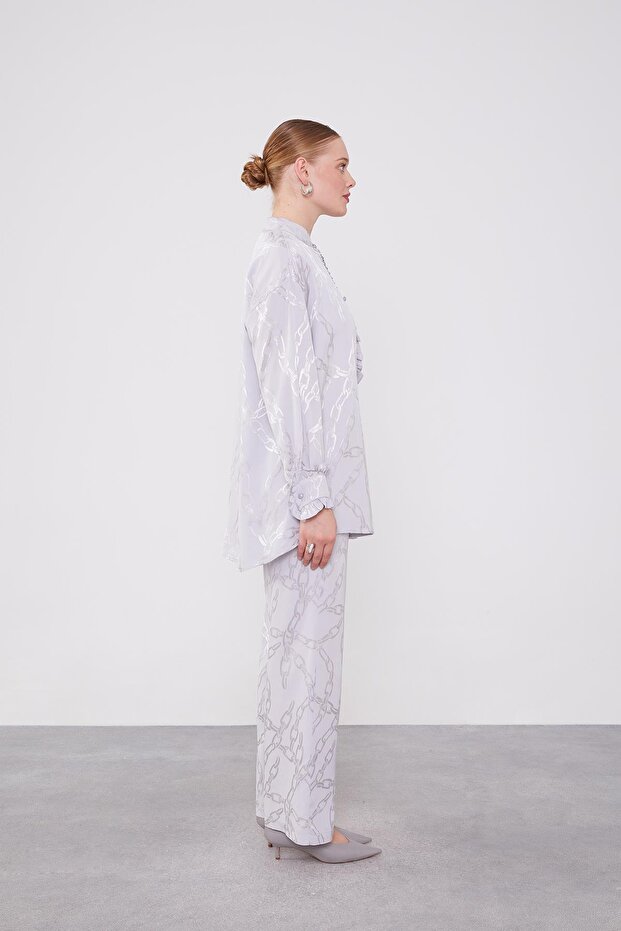 Gray Ruffle Button Detailed Chain Pattern Double Set - 2