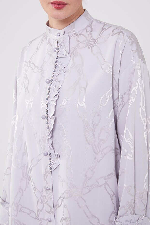 Gray Ruffle Button Detailed Chain Pattern Double Set - 4