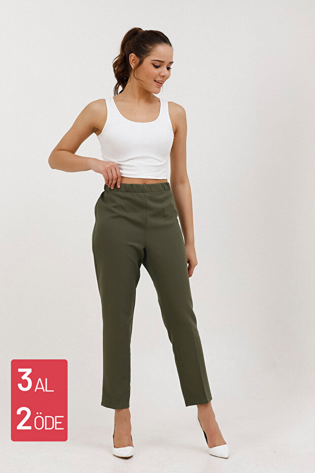 1005 Khaki Carrot Leg High Waist Lycra Woven Women's Trousers