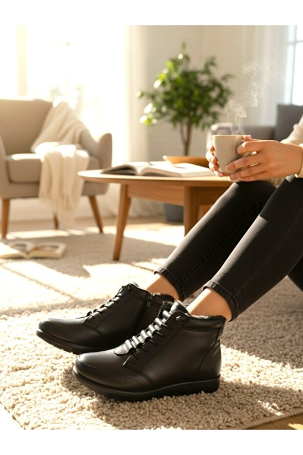 Women's Black Genuine Leather Comfort Full Orthopedic Mother Boots