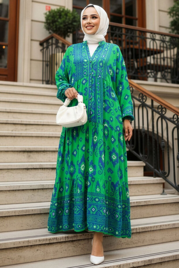 Patterned Green Hijab Dress 23453Y