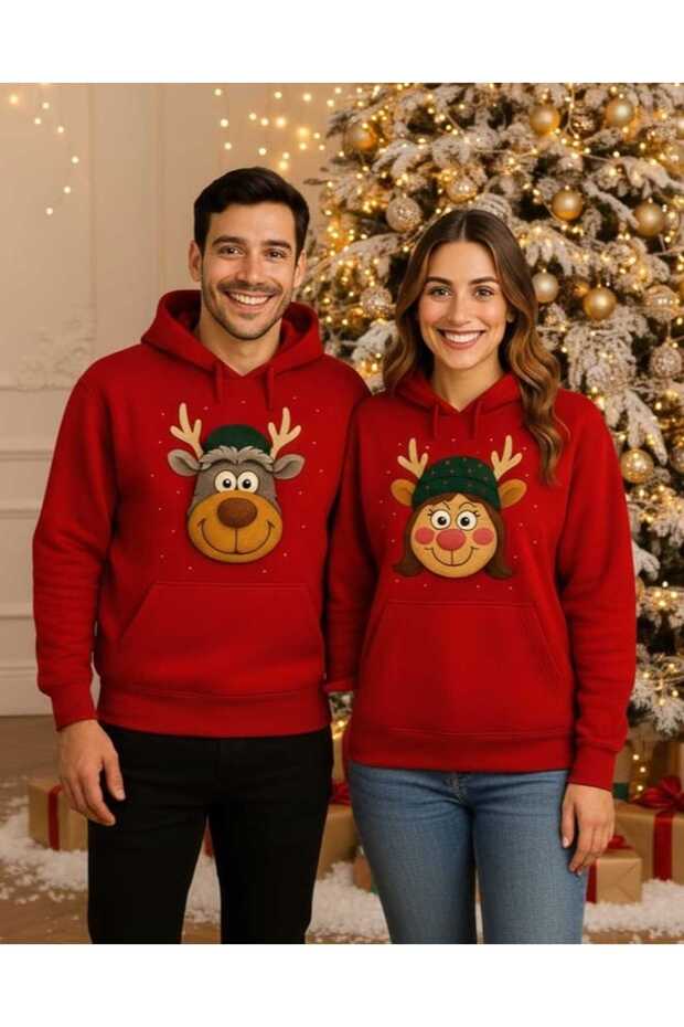 Liyada Oversized Geyik Printed Kırmızı Hooded Sweatshirt New Year's Lover Couple Combination Gift