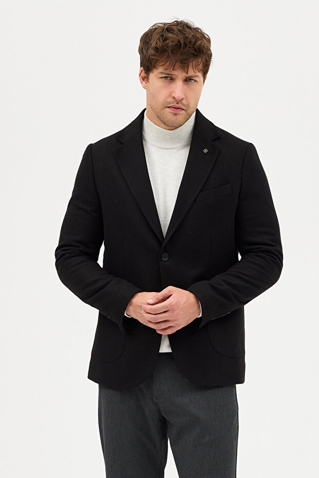 Lanz Men's Black Cashmere Fabric Half-Lined Mono Collar Sports Blazer Jacket with Pocket