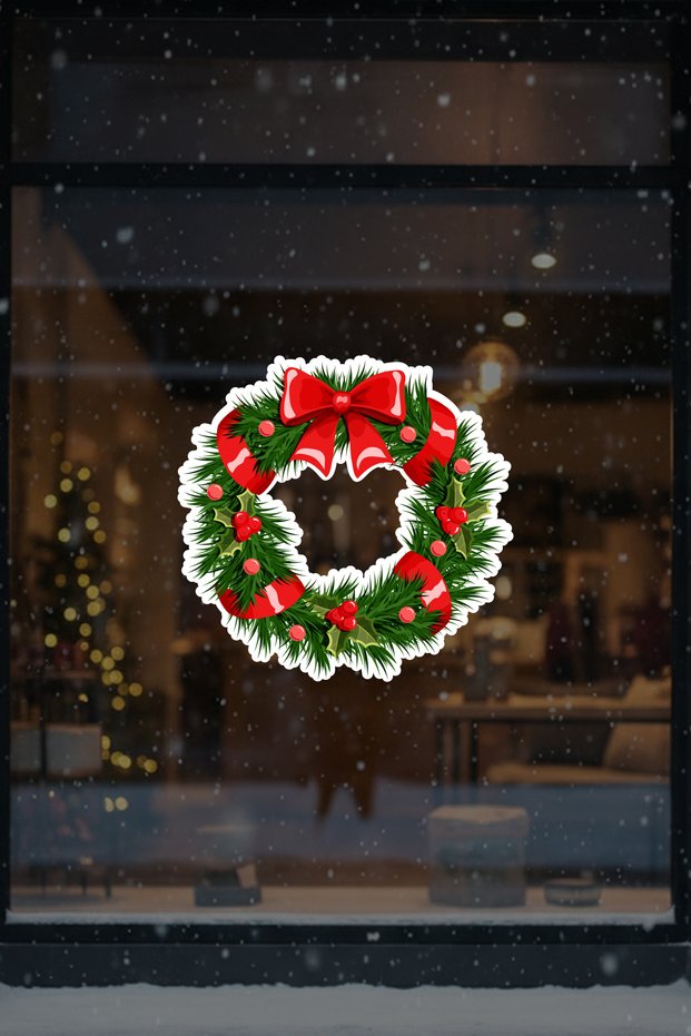 Christmas Door Wreath Sticker – New Year Decoration for Shop Window & Home Glass