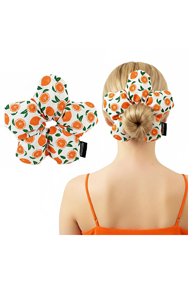 Handmade Orange Patterned White Flower Scrunchie Bun Hair Tie