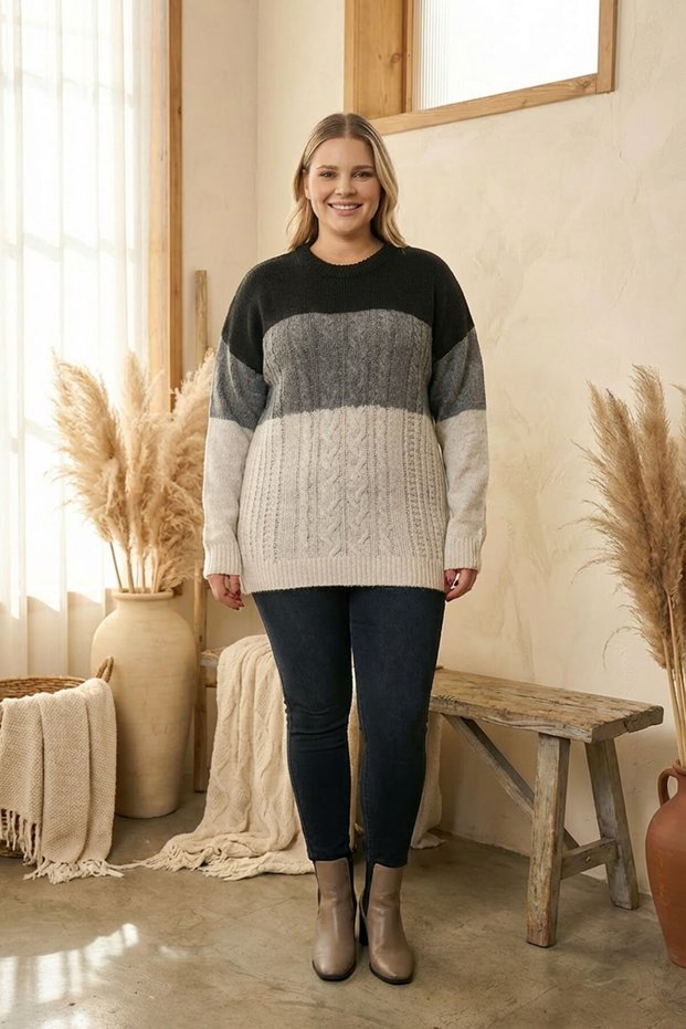 Plus Size Long Sleeve Crew Neck Color Block Knitwear Sweater Dg-04