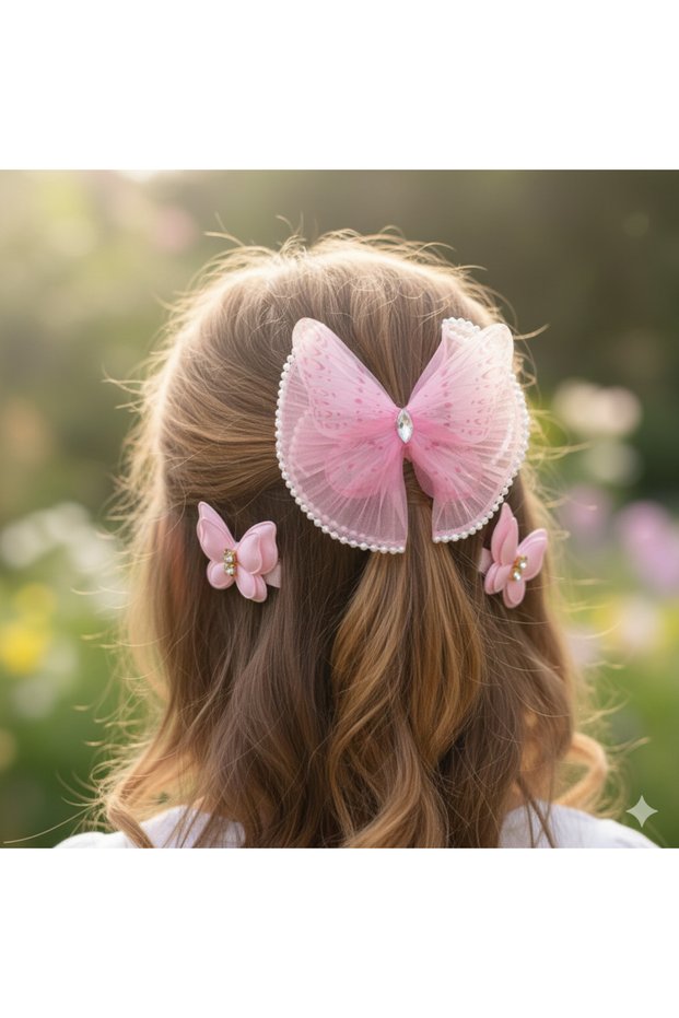 Pink Stone Set of 4 Butterfly Hair Clips, School Nursery Baby, Children's Clip 02