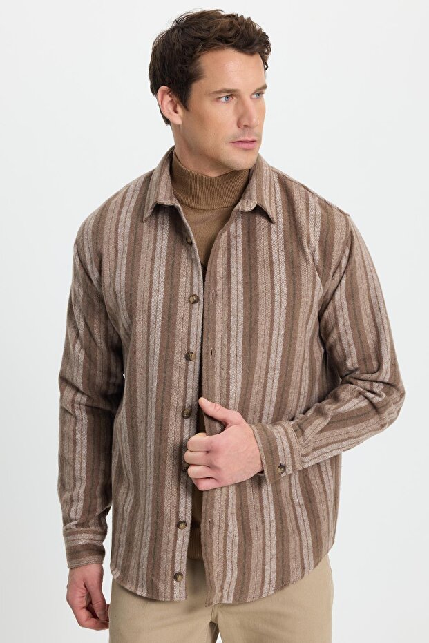 Men's Relax Fit Comfortable Cut Sports Collar Striped Lumberjack Shirt