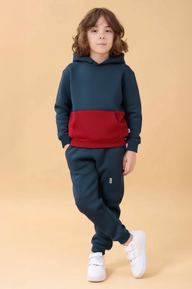 Boy's Hooded Kangaroo Pocket 2-Color Sweatshirt and Comfortable Fit Fleece-Lined Jogger Bottom Set –