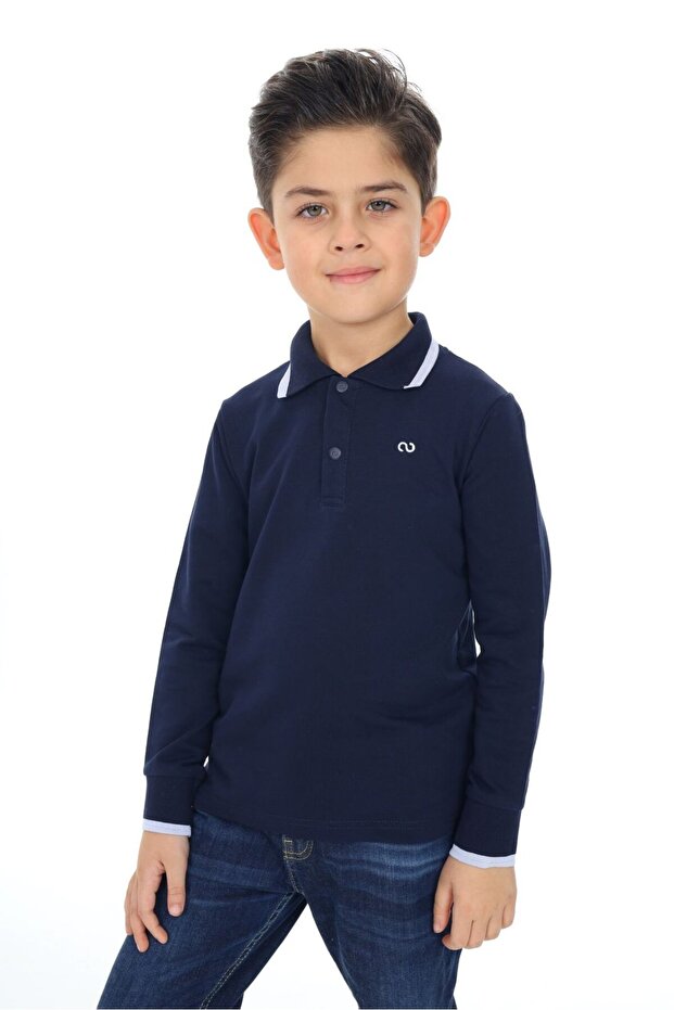 Boy's Printed Polo Neck Buttoned Long Sleeve T-Shirt