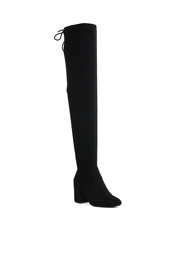 Women Minimal Drawstring Detail Knee-High Boots in Black