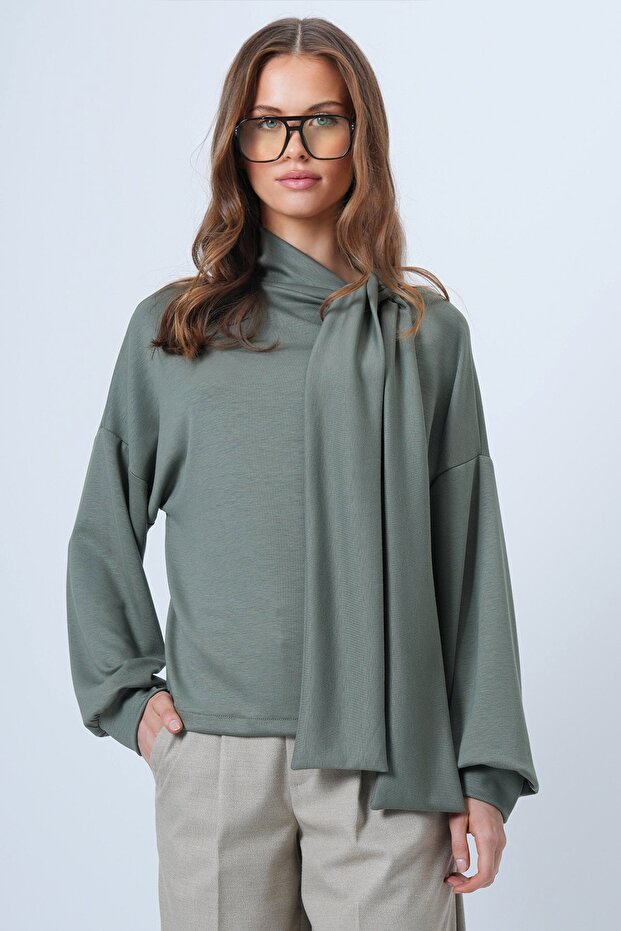Khaki Shawl Detailed Regular Fit Modal Fabric Blouse Alc-X14653